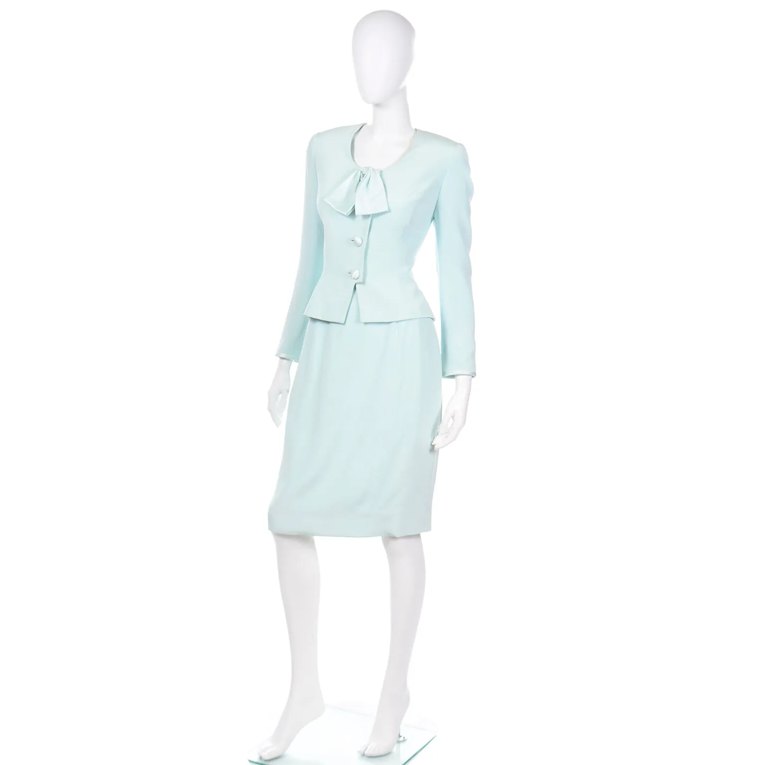 1990s David Hayes Silk Mint Green 2 pc Jacket & Skirt Suit