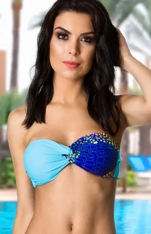 Aqua Blue Print Twisted Bandeau Bikini Top  Strapless, Removable Straps
