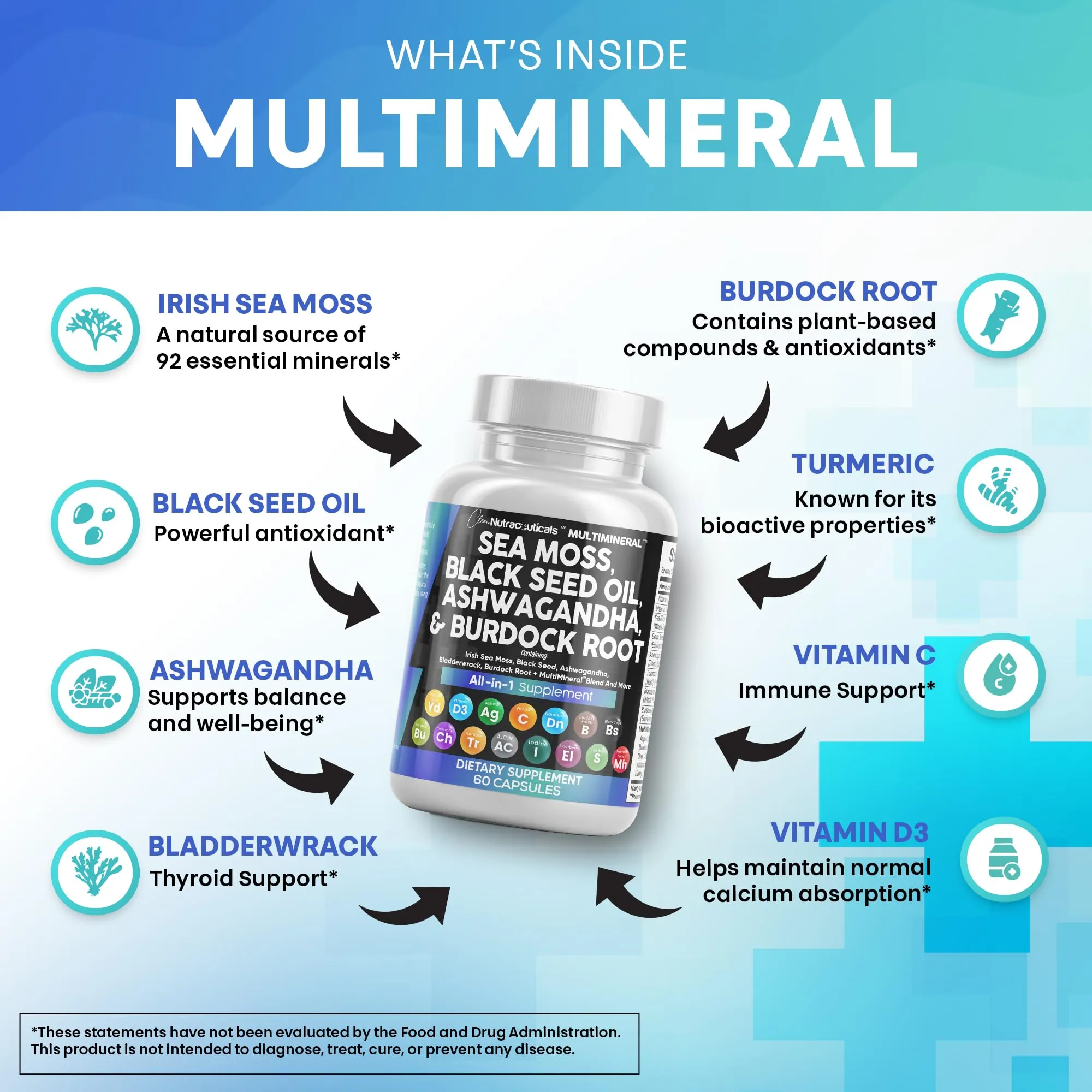 Clean Nutraceuticals Sea Moss Black Seed Oil Ashwagandha Turmeric Bladderwrack Burdock & Vitamin C Vitamin D3 with Elderberry Manuka Dandelion Yellow Dock Iodine Chlorophyll ACV