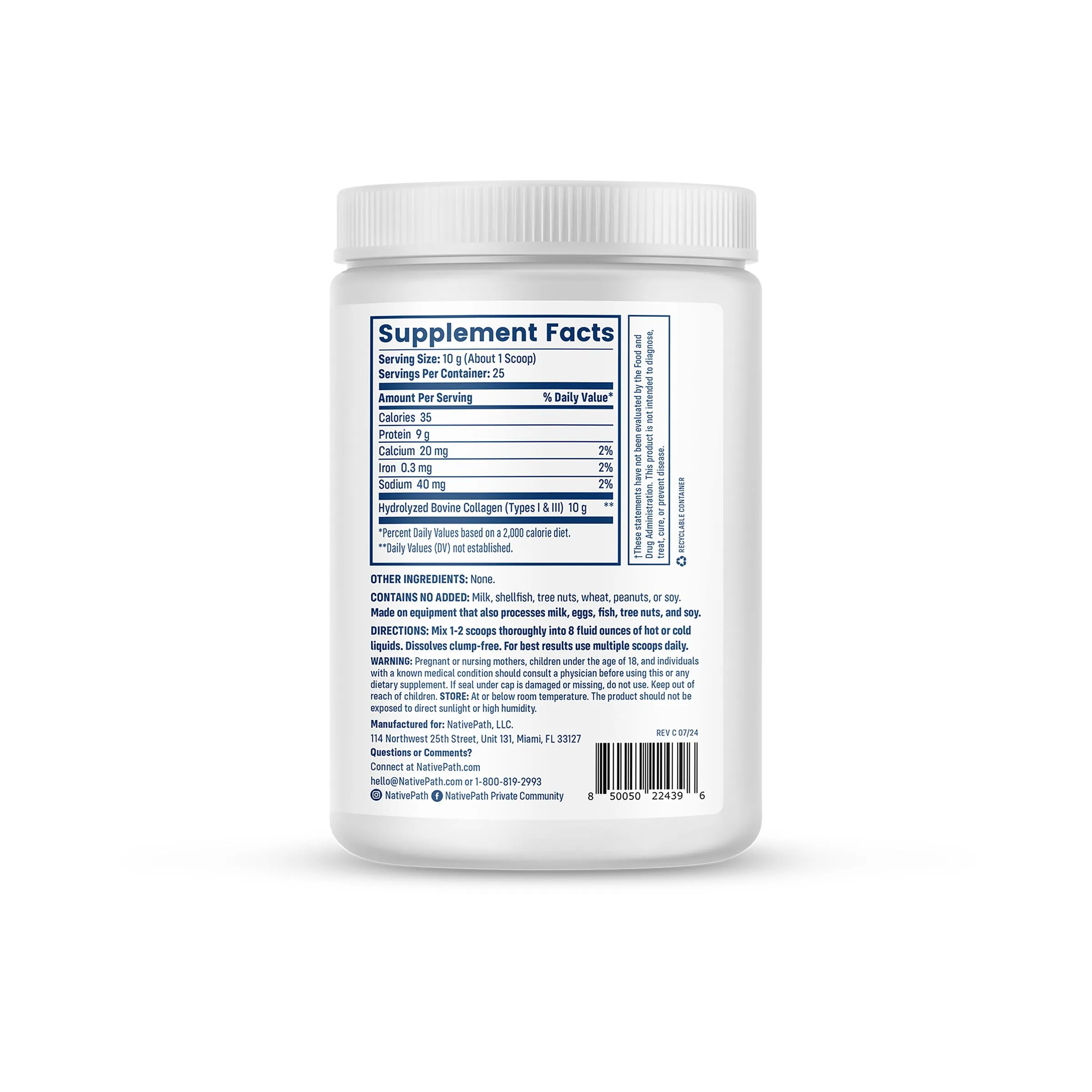 NativePath Collagen Peptides Protein - Hydrolyzed Type 1 & 3 Collagen Powder for Skin, Hair, Nails - 8.8 oz (25 Servings)