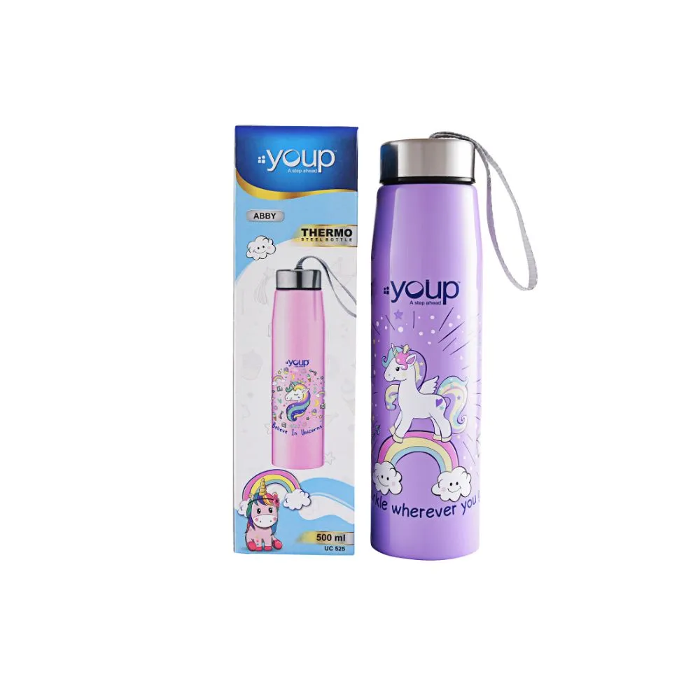 Youp Stainless Steel Insulated Purple Color Unicorn Kids Water Bottle Abby - 500 Ml